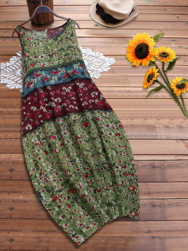 Plus Size Boho Maxi Dress Floral Print Crew Neck Sleeveless Lantern Dress