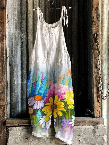 Women's Waterdrop Colorful Floral Printed Vintage Wide Leg Jumpsuit