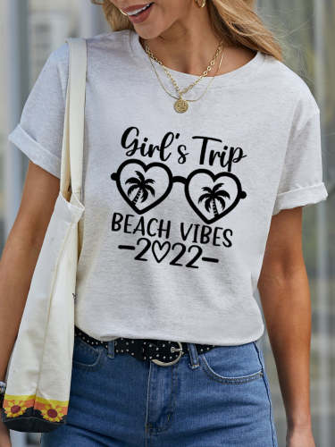 Girl's Trip 2022 Beach Vibes Letter Print Crew Neck T-shirt