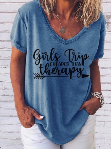 Women Girl's Trip Therapy Letter Print V-Neck Short Sleeve Loose Tee Tshirt