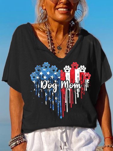 American Dog Lovers Heart Print V-neck T-shirt