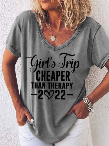 2022 Girl's Trip Letter Print V-Neck Loose Tee T-Shirts Top