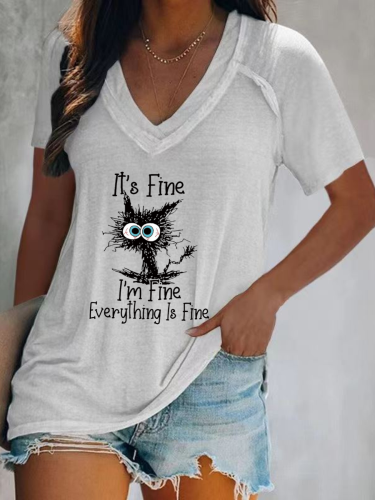 It's Fine I'm fine Everything Is Fine, Loose Cutting Relax Fit V Neck Long Sleeve Pullover Top