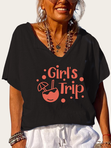 Girls Trip Graphic Letter Print V Neck Loose T-Shirt Top