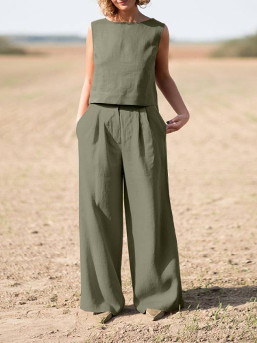 2Pcs Women Casual Sleeveless Blouse Matching Sets Elastic Waist Pants Beach Suit
