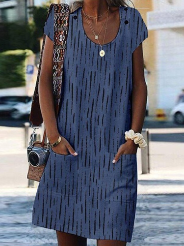 Striped Print Sundress Crewneck with Pocket A Line Casual Midi Dress