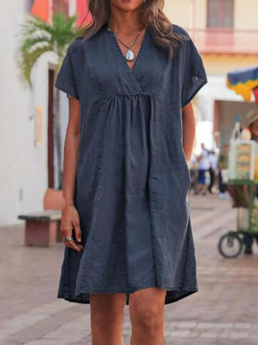 Women Summer Sundress Vintage V Neck Solid Loose Casual Baggy Knee-length Short Sleeve Cotton Beach Dress