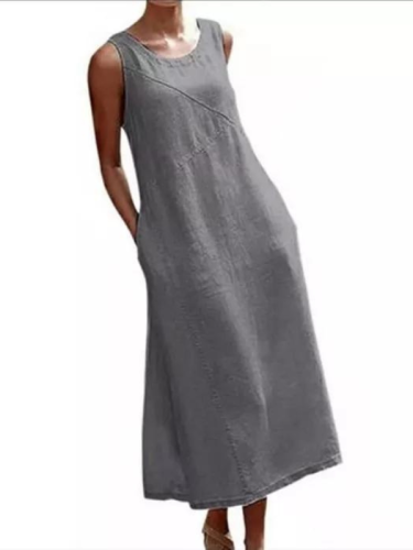 Women's Loose and Slim Mid-length Cotton and Linen Stitching Sleeveless Dress