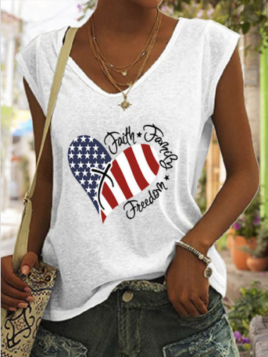 Flag Print Casual Letter Crew Neck Knit Tank