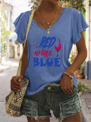 Red Wine and Blue Casual V Neck Flowy Short Sleeve T-Shirt