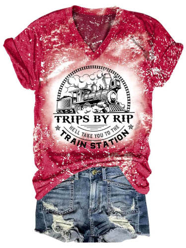 Women's Trips By Rip He'Ll Take You To The Train Station Bleached V-Neck T-Shirt