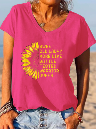 Sweet Old Lady More Like Battle Tasted Warrior Queen Graphic Letter Print V-Neck Casual T-Shirt Top