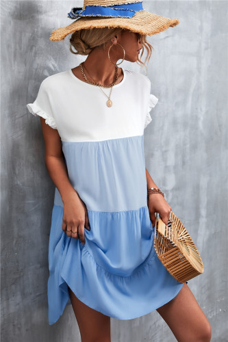 Light & Blue Color Block Ruffle-Accent Shift Mini Dress Women Sweet Beach Dresses