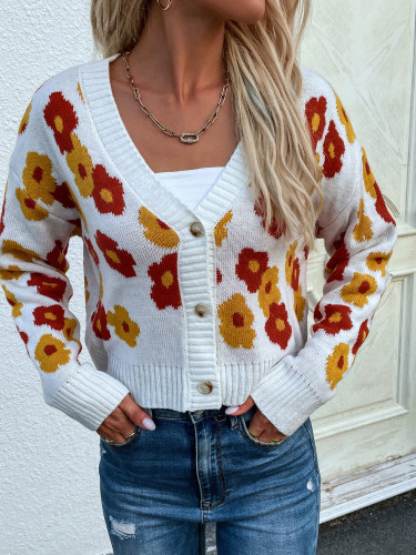 Sunflower Print Cardigan Sweater Front Button Down V-Neck Sweater Coat