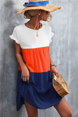 Orange & Blue Color Block Ruffle-Accent Shift Mini Dress Women Sweet Beach Dresses