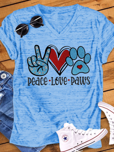 Peace Love Paws Print V-Neck T-Shirt