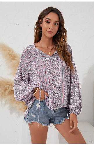V-Neck Fashion Tie Floral Puff Sleeve Blouse Top