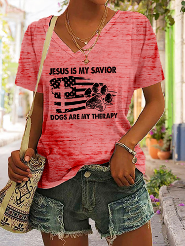 Jesus Is My Savior Dogs Are My Therapy Print Short Sleeve T-Shirt