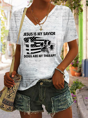 Jesus Is My Savior Dogs Are My Therapy Print Short Sleeve T-Shirt