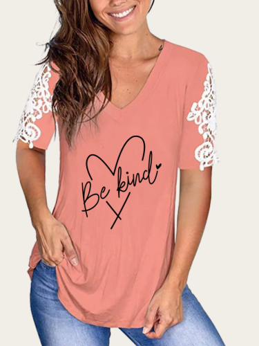 Be Kind Love Print V-Neck Lace Hollow Out Short Sleeve T-Shirt