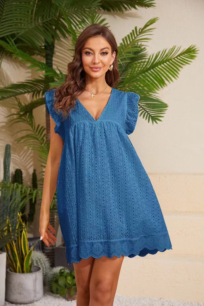 VNeck Ruffled Sleeveless Babydoll Dress Cute Woven Dress in White/Pink