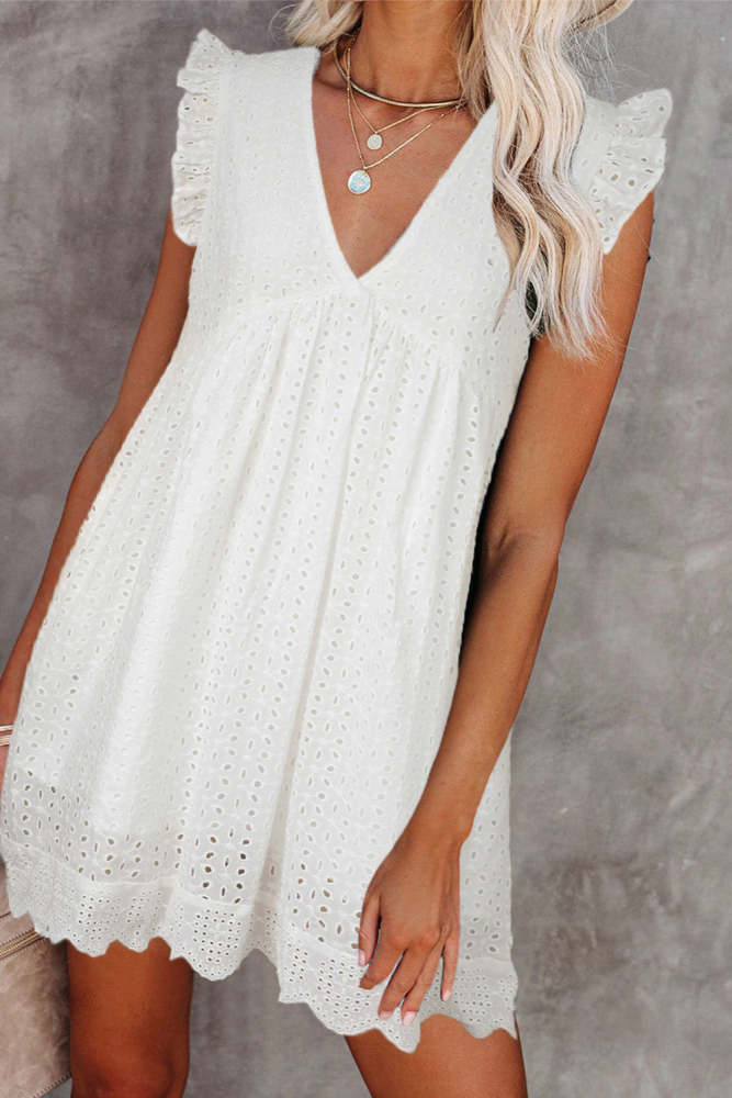 VNeck Ruffled Sleeveless Babydoll Dress Cute Woven Dress in White/Pink