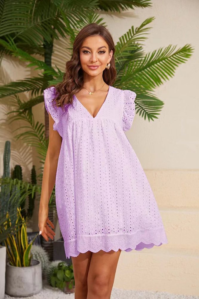 VNeck Ruffled Sleeveless Babydoll Dress Cute Woven Dress in White/Pink