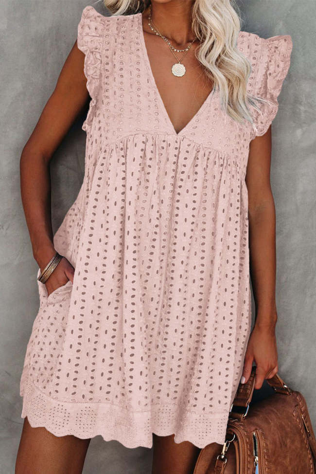VNeck Ruffled Sleeveless Babydoll Dress Cute Woven Dress in White/Pink