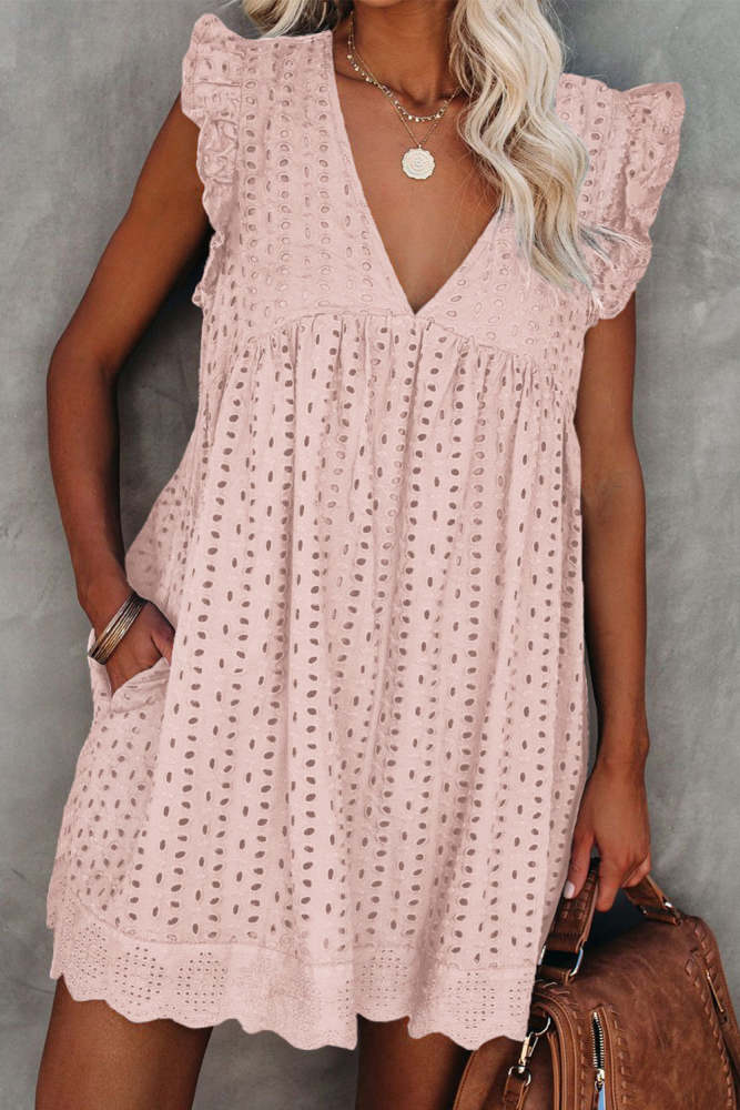 VNeck Ruffled Sleeveless Babydoll Dress Cute Woven Dress in White/Pink