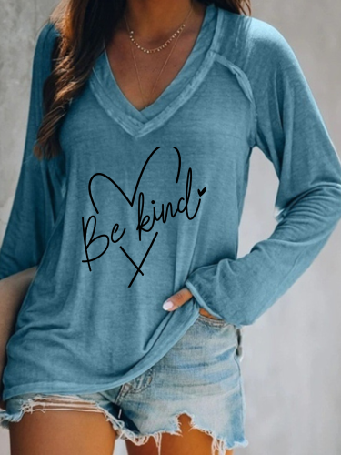 Be Kind Love Print V Neck Short Sleeve Pullover Top