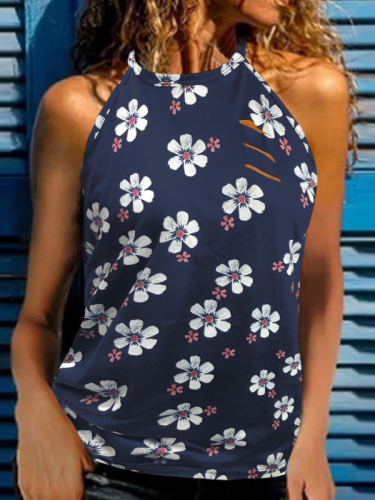 Floral Flower Print Round Neck Hole Tank Tops