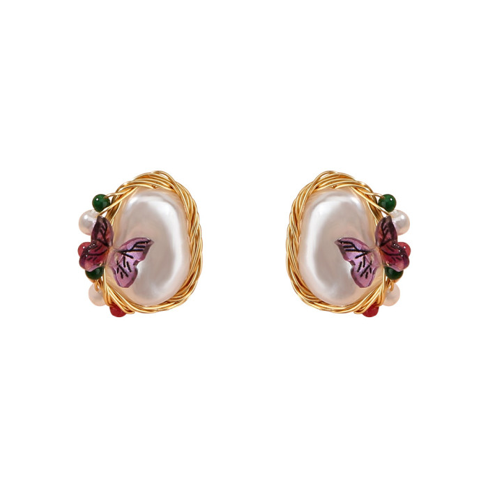 French Versatile Cool Personality Design Purple Butterfly Earrings Pure White Shaped Imitation Baroque Pearl Earrings