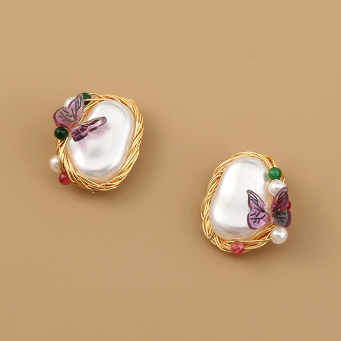 French Versatile Cool Personality Design Purple Butterfly Earrings Pure White Shaped Imitation Baroque Pearl Earrings