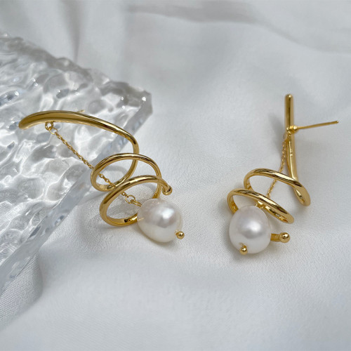 Natural pearl earrings female spiral earrings 18k gold high-quality simple and versatile trend Earrings