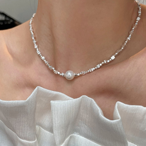 Pearl Necklace Women'S Light Luxury Silver Sweater Chain Fashion Style Versatile Collarbone Chain