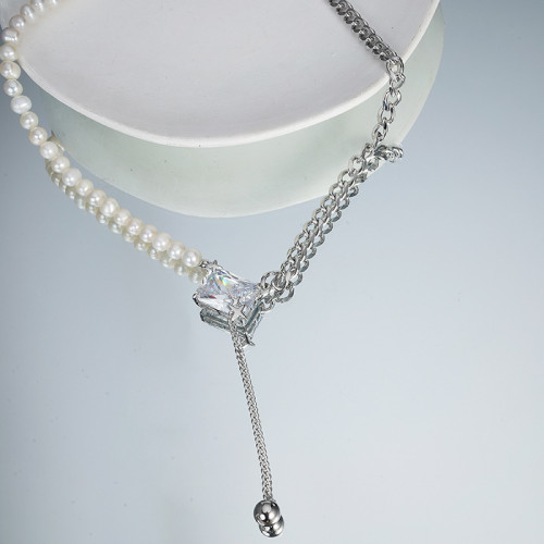 Pearl Necklace Women Niche Design Stitching Zircon Versatile Fashion Sweater Chain Accessories Collarbone Chain