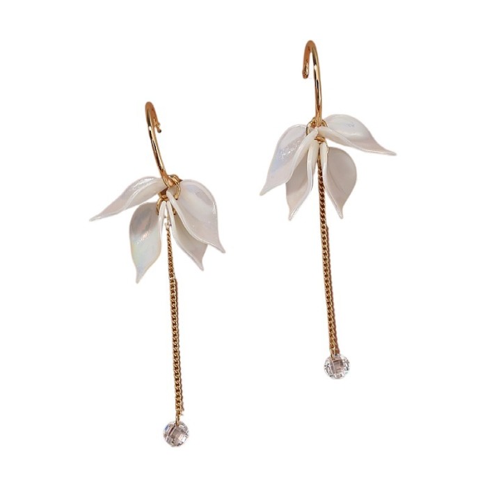 C-Shaped Ear Hook Long Tassel Colorful Pearl White Leaf Zircon Pendant Earrings Fresh Style Earrings Women