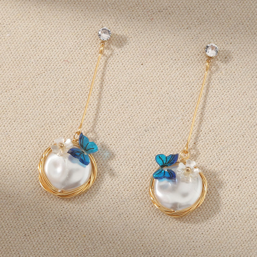 Popular Jewelry Pure White Imitation Baroque Pearl Long Earrings Handmade Butterfly Flowers Small Fresh Earrings