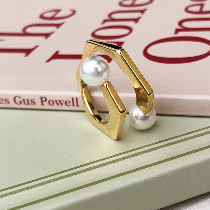 Pearl Ring Women Irregular Polygon Opening Adjustable Creative Niche Cool Wind Index Finger Ring