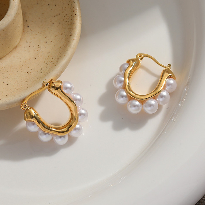 Pearl Earrings Women'S Light Luxury Style Retro Hoop Earrings 18K Gold Plated Simple Fashion Niche Versatile Earrings