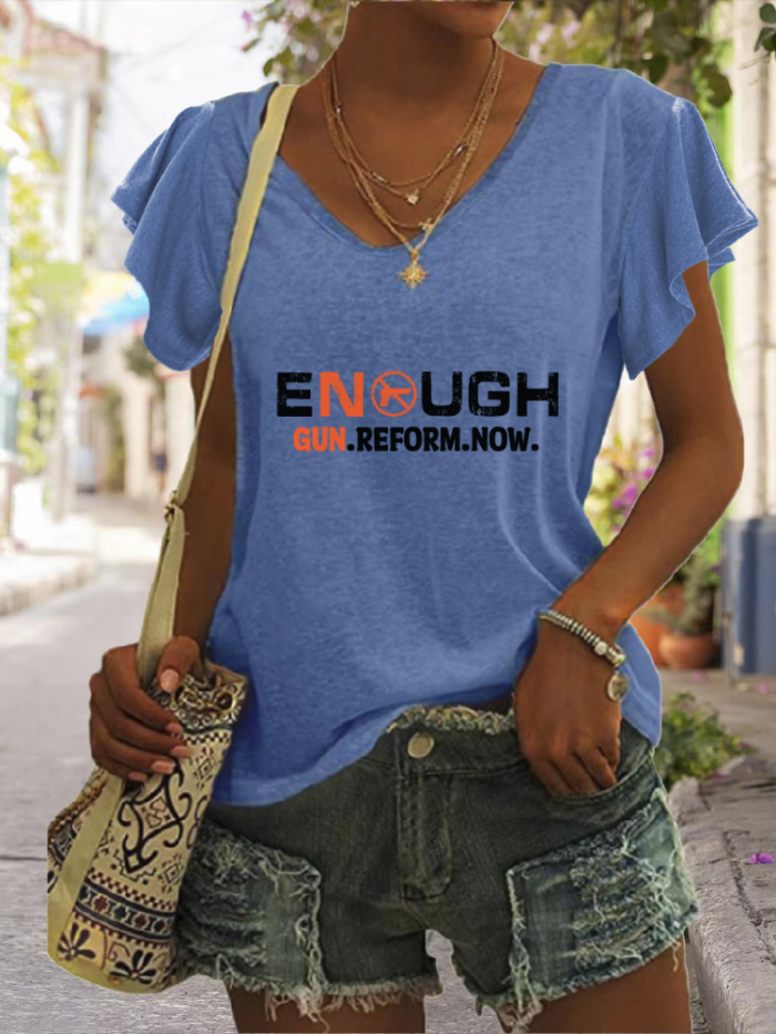 Enough Gun.Reform.Now. V Neck Relaxed Fit Ruffle Sleeve T Shirt For Women