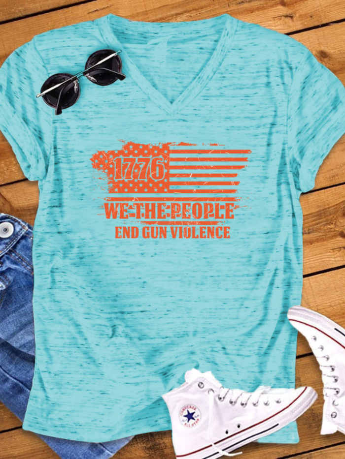 1776 We The People End Gun Violence V Neck Relaxed Fit Ruffle Sleeve T Shirt For Women