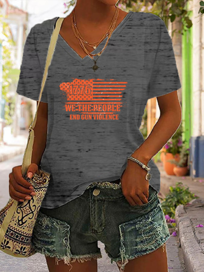 1776 We The People End Gun Violence V Neck Relaxed Fit Ruffle Sleeve T Shirt For Women