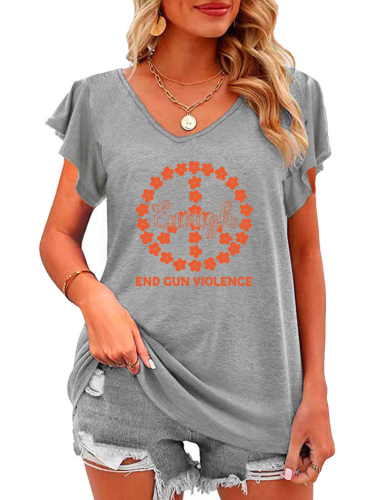 End Gun Violence V Neck Relaxed Fit Ruffle Sleeve T Shirt For Women