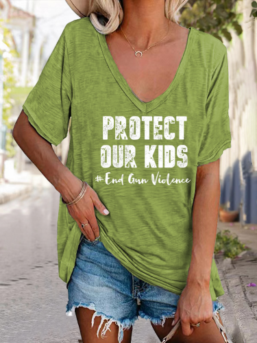 Protect Our Kids End Gun Violence V Neck Relaxed Fit Ruffle Sleeve T Shirt For Women