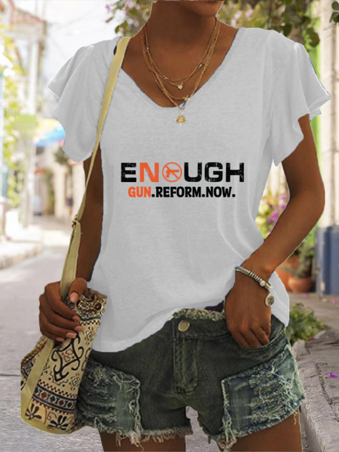 Enough Gun.Reform.Now. V Neck Relaxed Fit Ruffle Sleeve T Shirt For Women