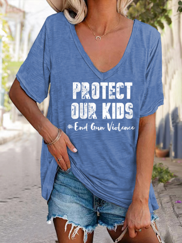 Protect Our Kids End Gun Violence V Neck Relaxed Fit Ruffle Sleeve T Shirt For Women