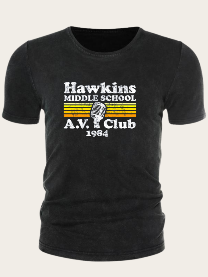 Hawkins Middle School A.V. Club 1984 Funny Word Tee For Youth Cotton Wased Vintage Print Tee