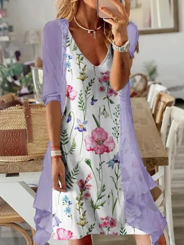 Women's Dresses Floral Print V-Neck Chiffon Two-Piece Dress
