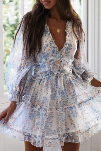 Womens Spring Summer Deep V Neck Ruffle Long Sleeve Floral Print Mini Dress